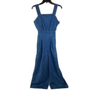 FA‎ Belted Waist Wide Leg Boho Jumpsuit with Pockets Denim Blue Size Small
